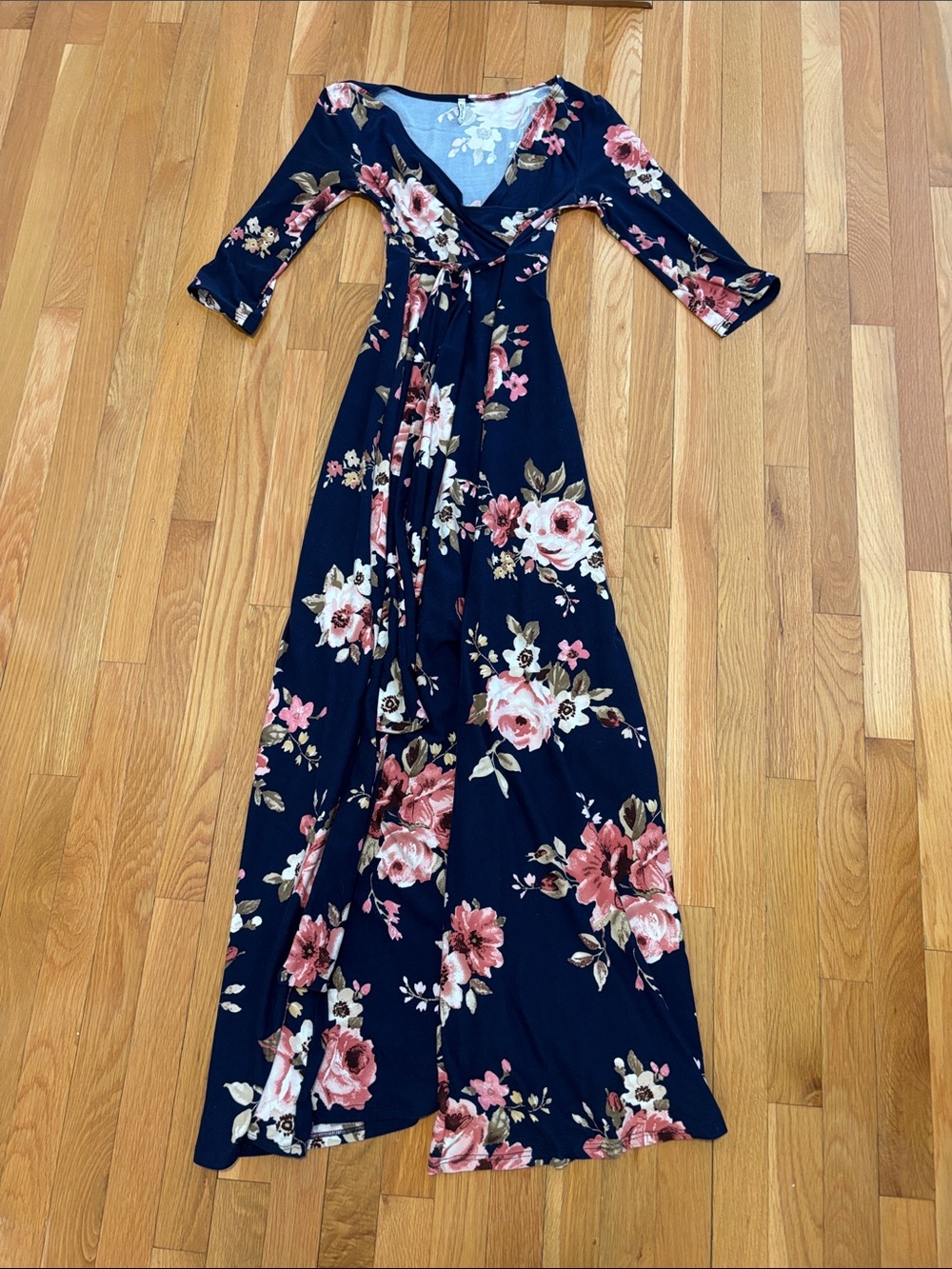 Mother Bee Maternity Navy Floral Wrap Maxi Dress with Pink and Cream Blooms
